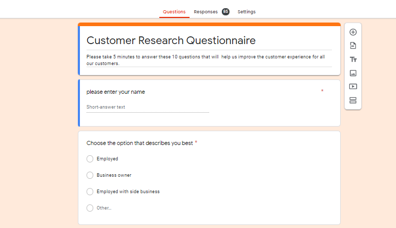 Customer feedback form in Google Forms