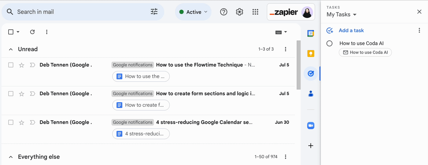 With multiple emails selected in Gmail, the cursor clicks "Add to tasks," and all selected emails are transformed into tasks in Google Tasks in the side panel.