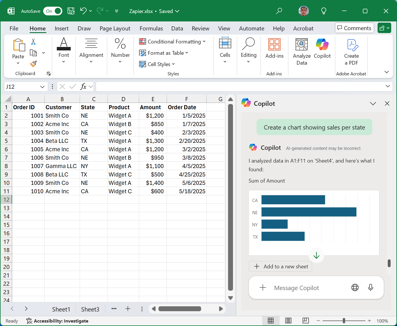 Creating a chart using Copilot in Excel