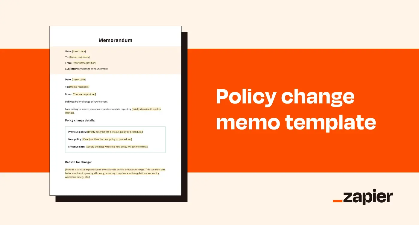 Screenshot of Zapier's policy change memo template on an orange background