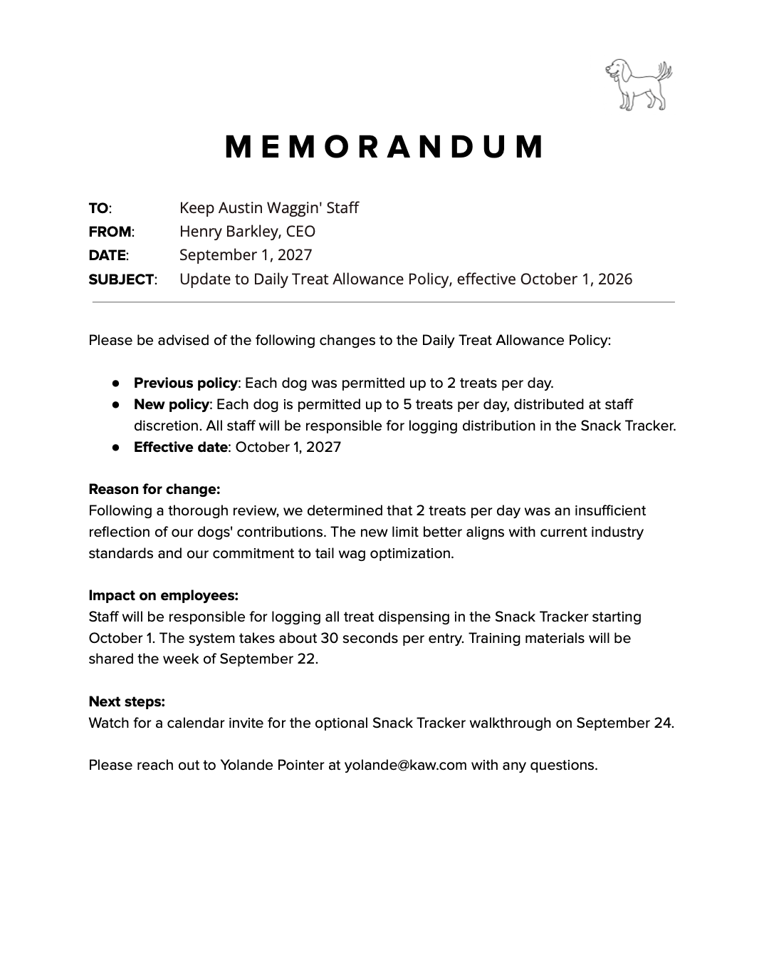 Example of a policy change memo.