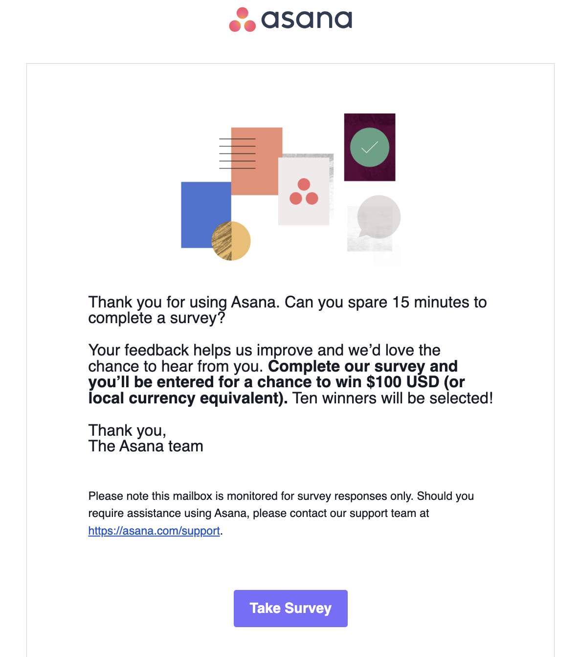 A feedback email from Asana