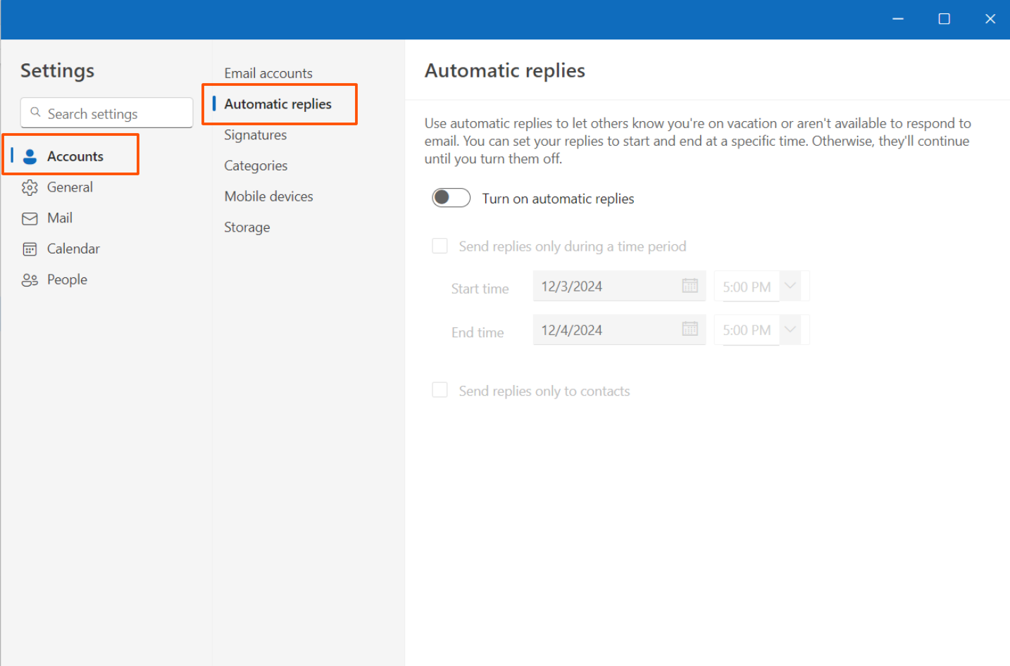 Screenshot of account settings in Outlook 