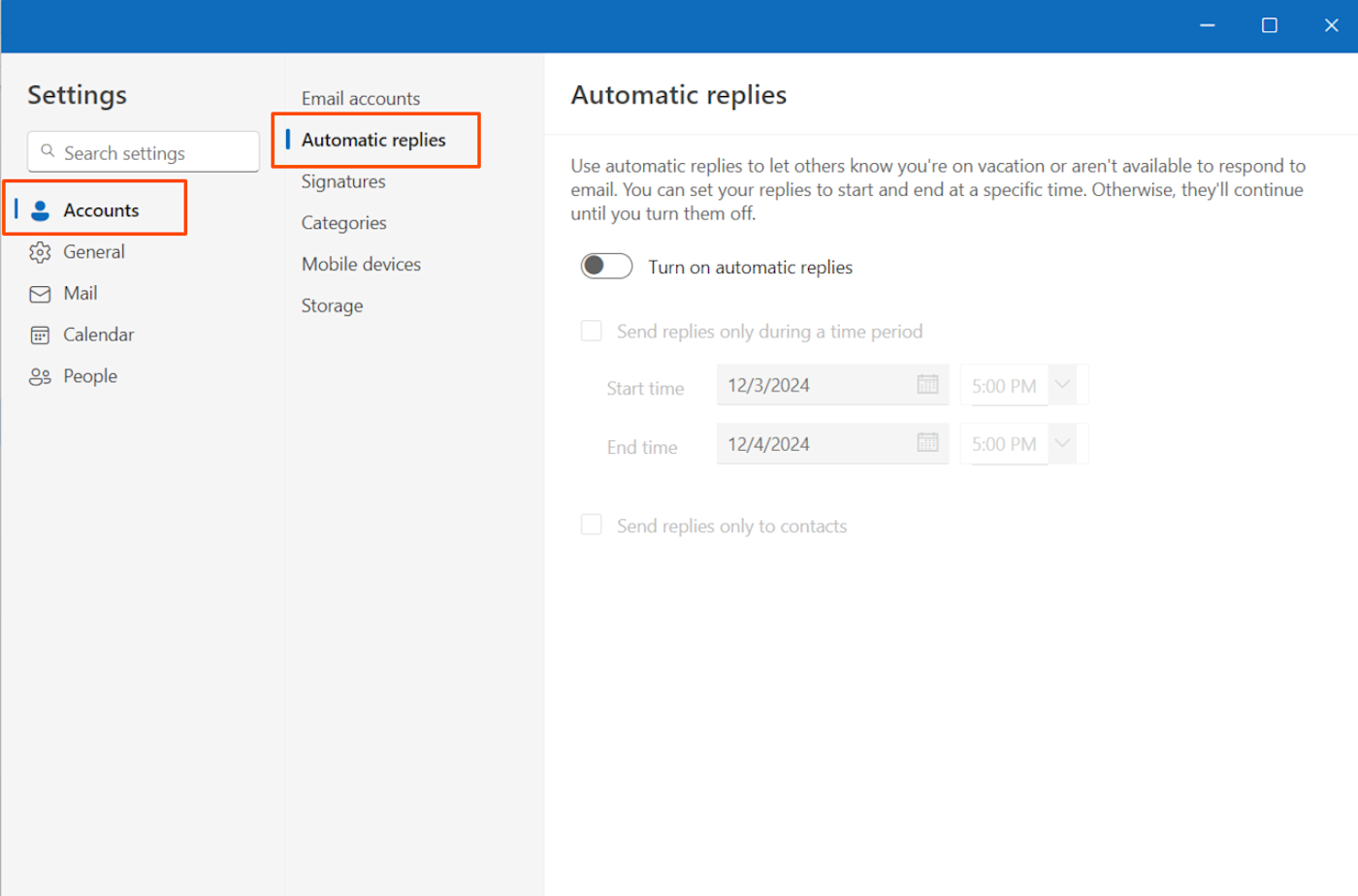 Screenshot of account settings in Outlook 