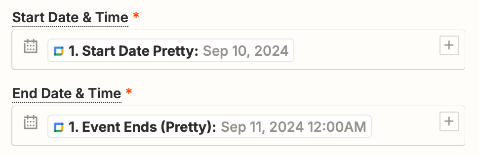 Start date & time and End date & time fields