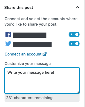 A screenshot of social sharing options within WordPress with a blank field for customizing social messages.