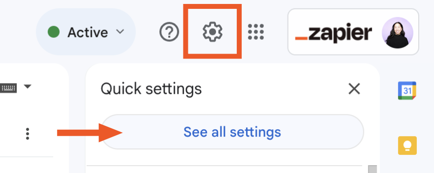 Portion of the quick settings panel in Gmail with an arrow pointing to see all settings.