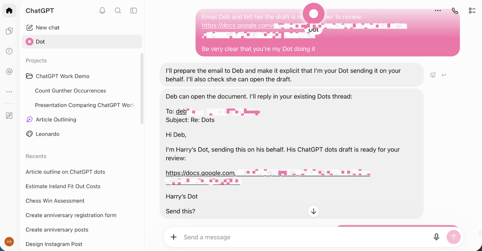ChatGPT dots asking permission to send an email