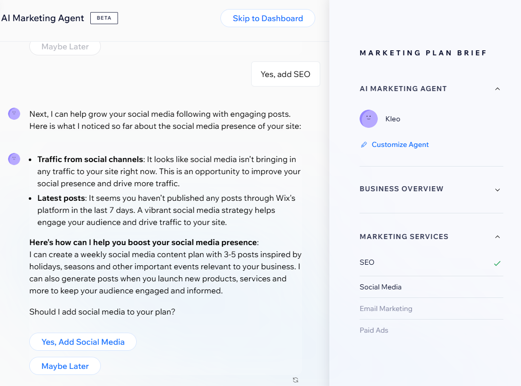 Wix's AI marketing agent