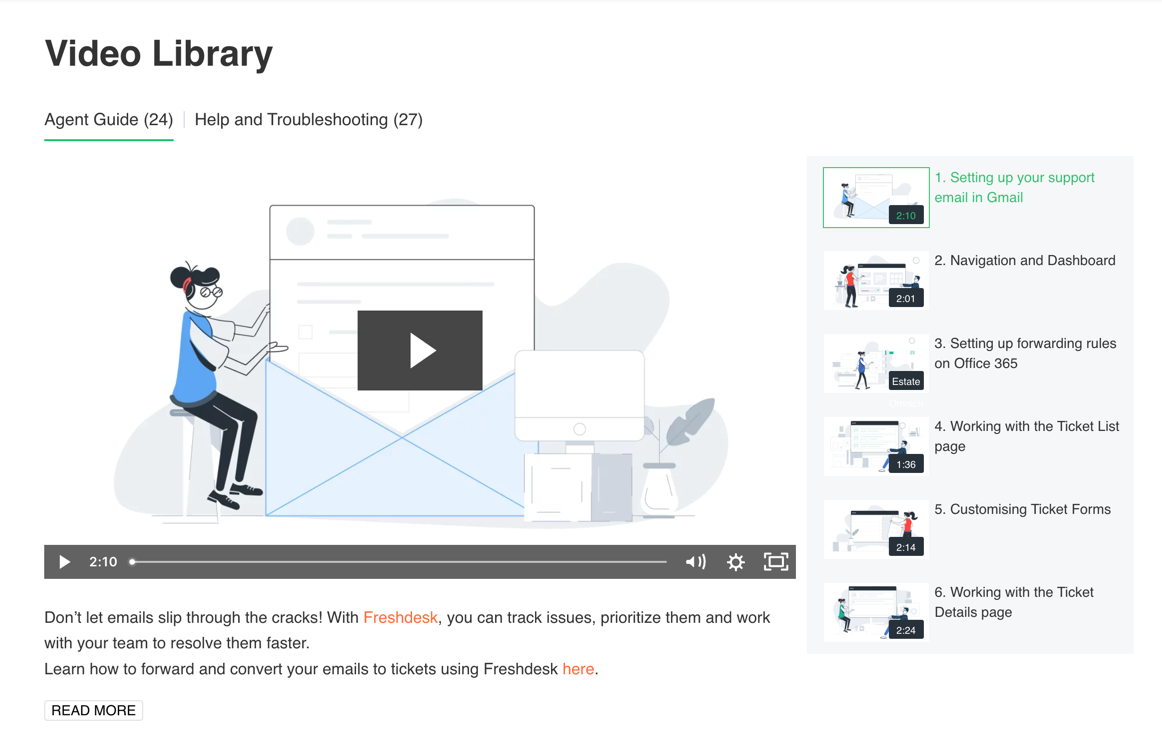 Freshdesk's Agent Guide video library.