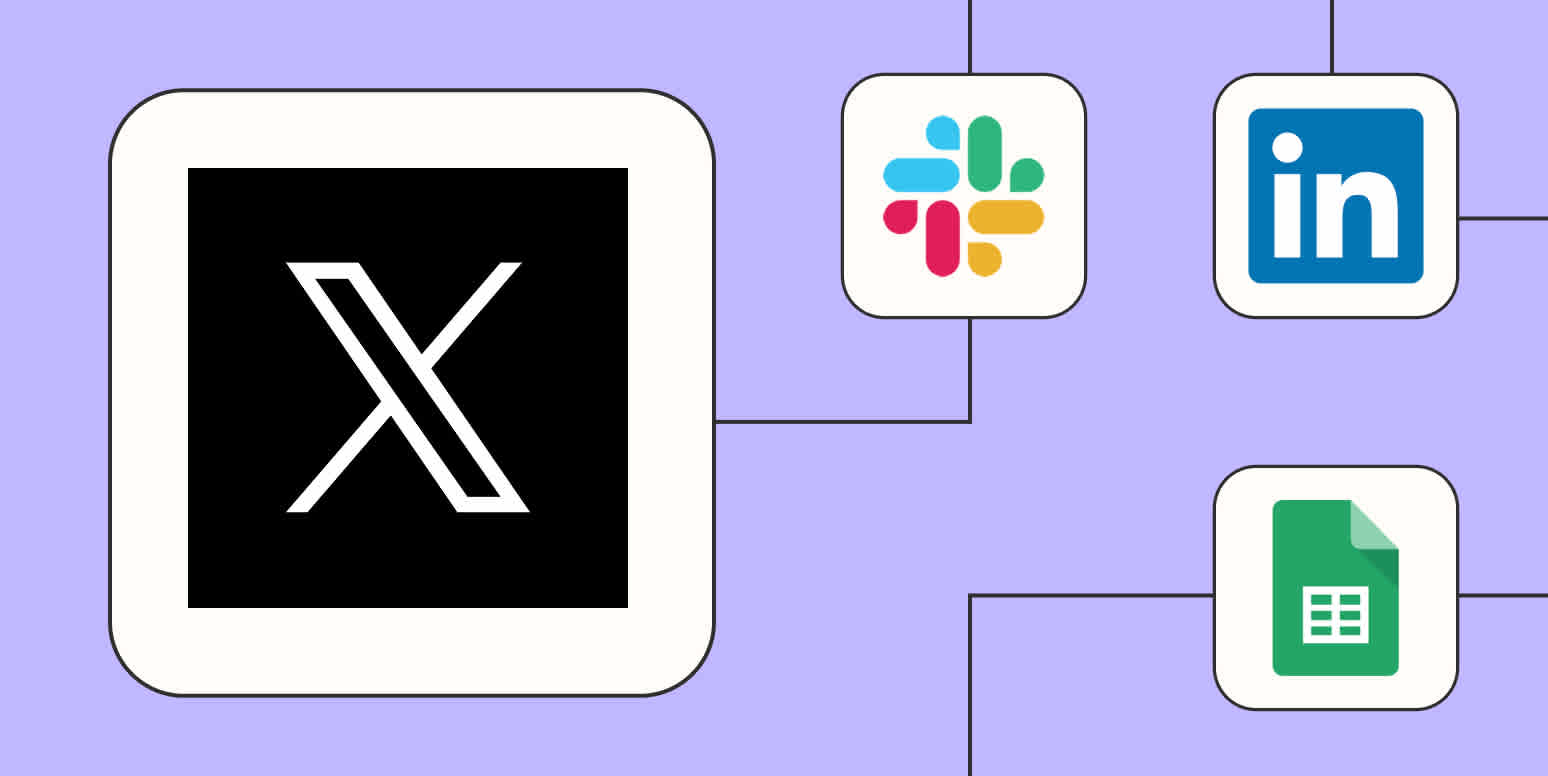 The X (formerly Twitter) logo connected to logos for Slack, LinkedIn, and Google Sheets