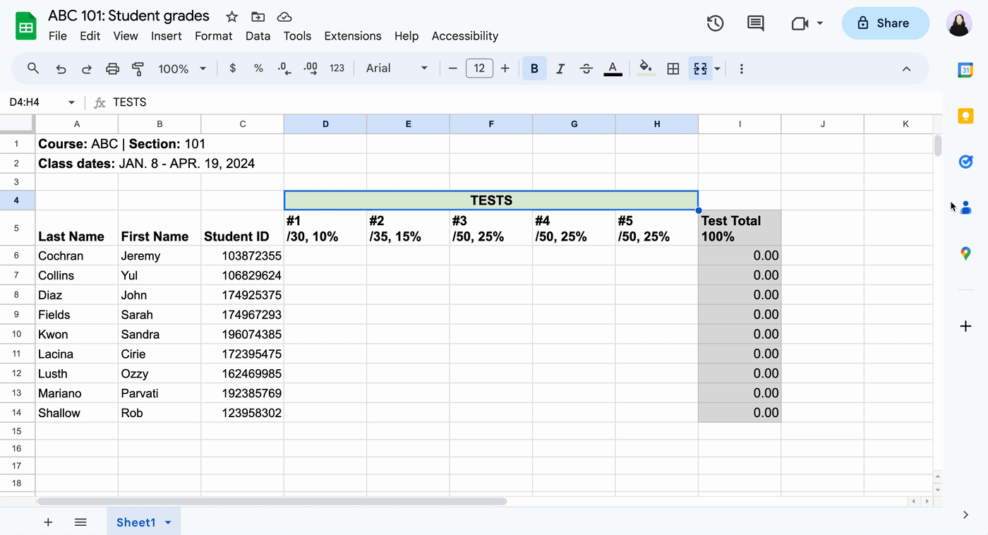 Demo of what happens to the cell fill color when you unmerge cells in Google Sheets. 