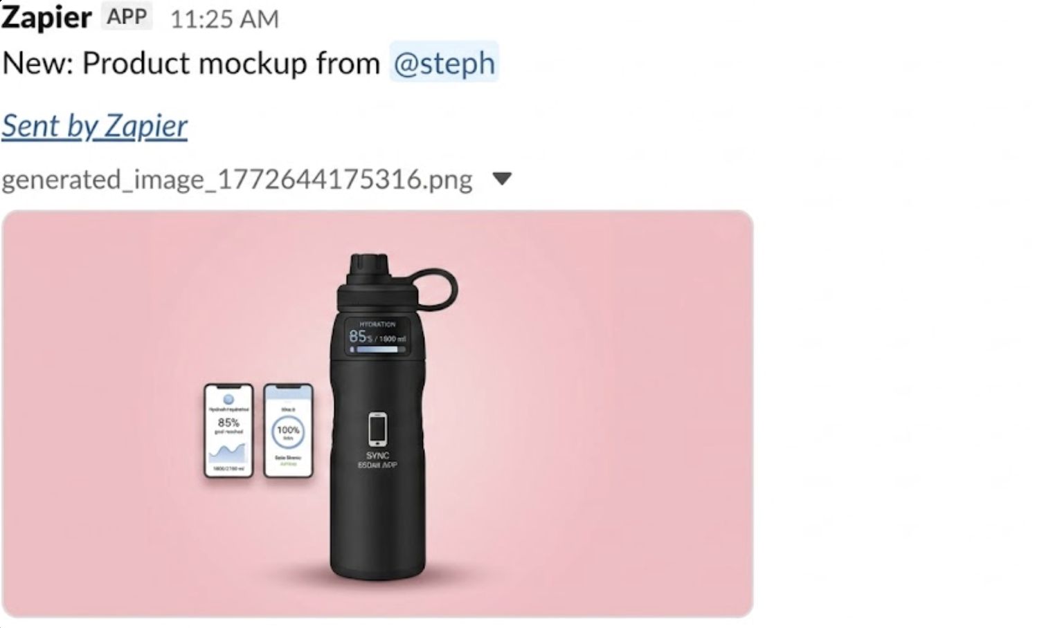A Slack channel message with an AI-generated image of a smart water bottle mockup attached