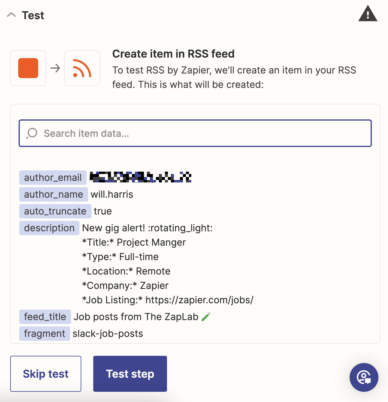 A screenshot of the test RSS by Zapier step.