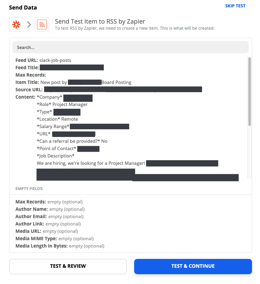 A screenshot of the test RSS by Zapier step.