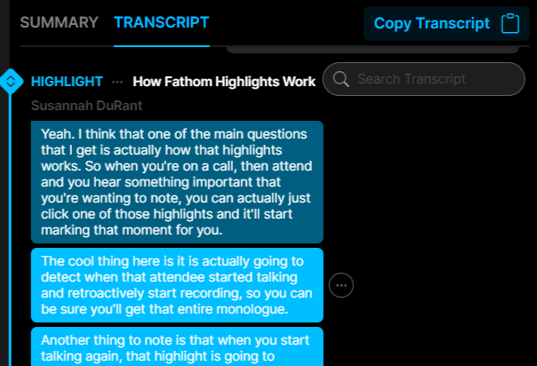 Highlights in a meeting transcript generated by Fathom. 