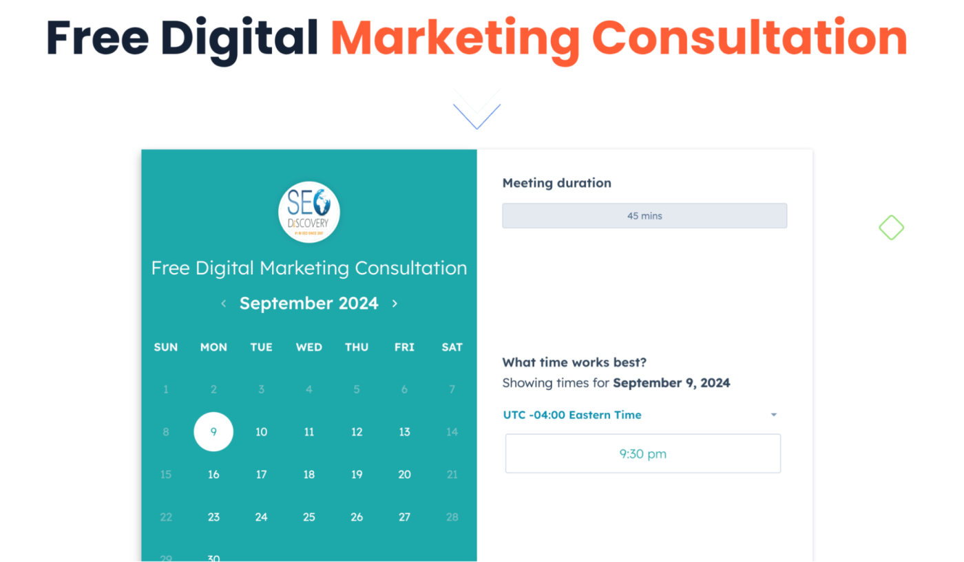 Scheduling window on SEO Discovery's website, a lead magnet example of a free consultation.
