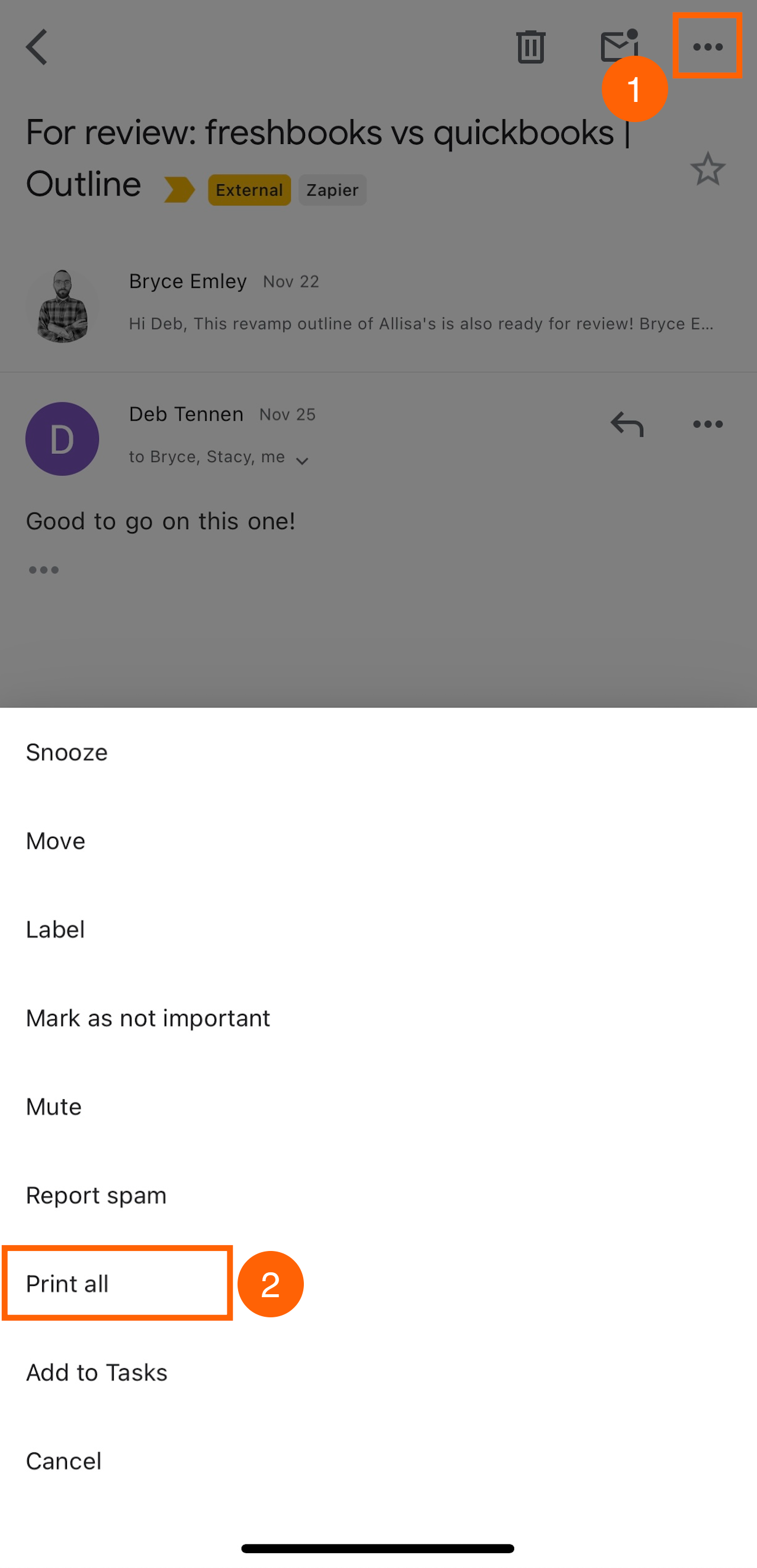 Gmail email thread interface with a dropdown menu opened via the three-dot icon. The "Print all" option is highlighted.