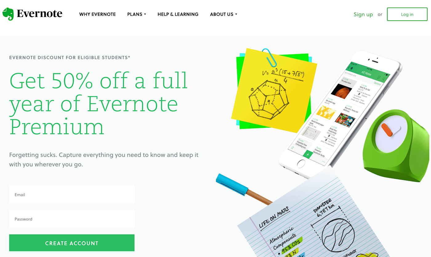 Evernote student discount landing page