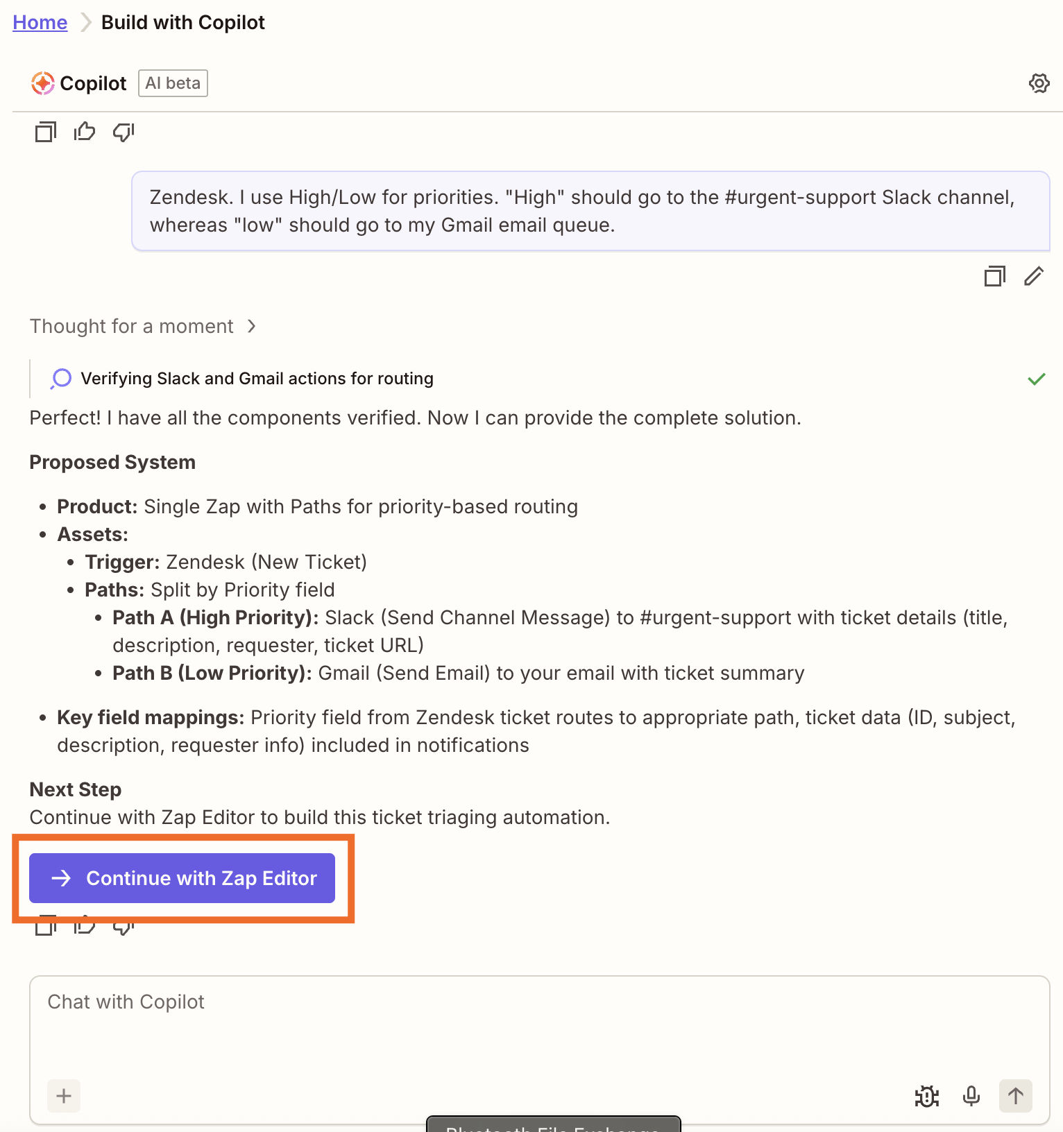 A conversation with Copilot with an orange rectangle around a button that says Continue with Zap Editor