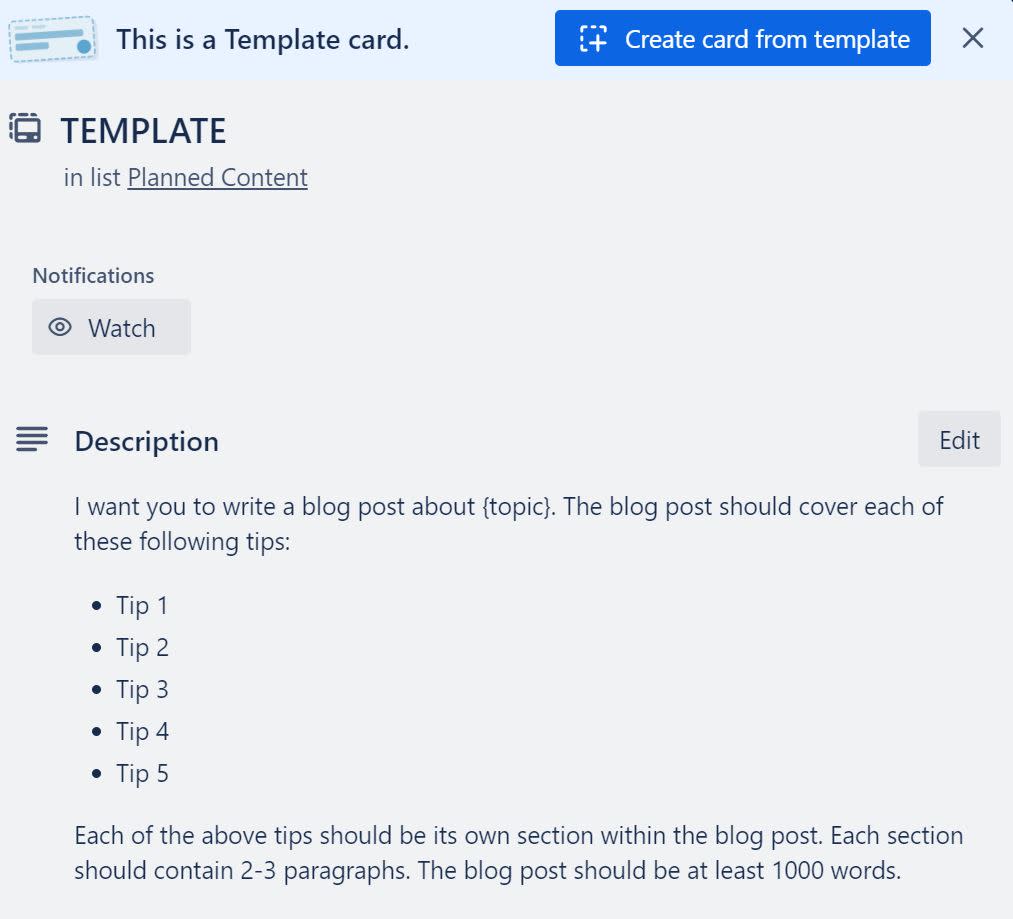 A card in Trello that shows a template outline for a blog post.