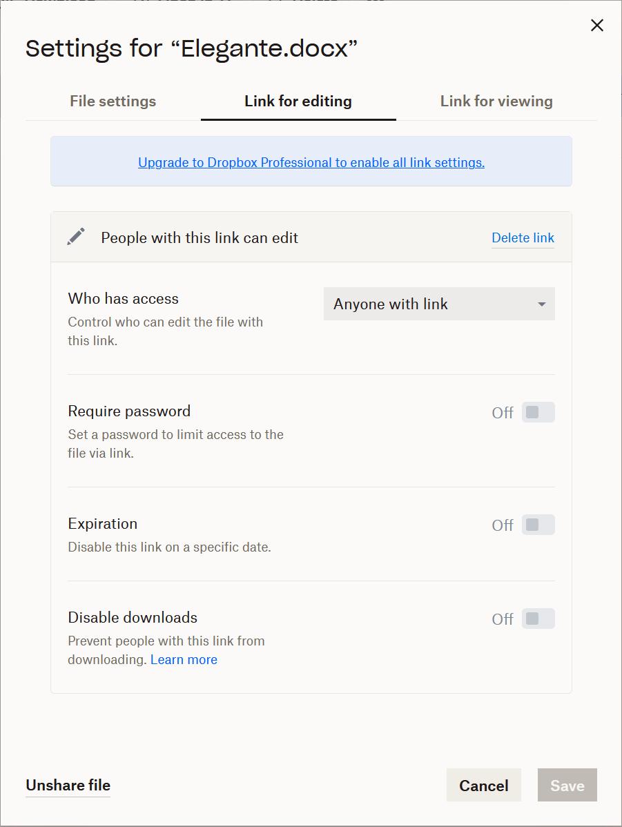 Dropbox's range of sharing settings