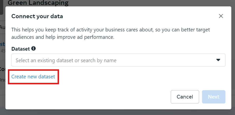 Creating a new dataset in Meta Business Suite