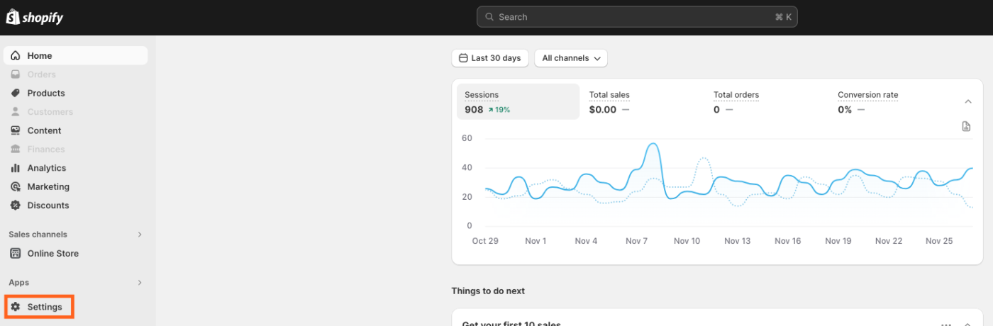 Screenshot of the Shopify home dashboard with an orange box around "Settings" in the lower left corner