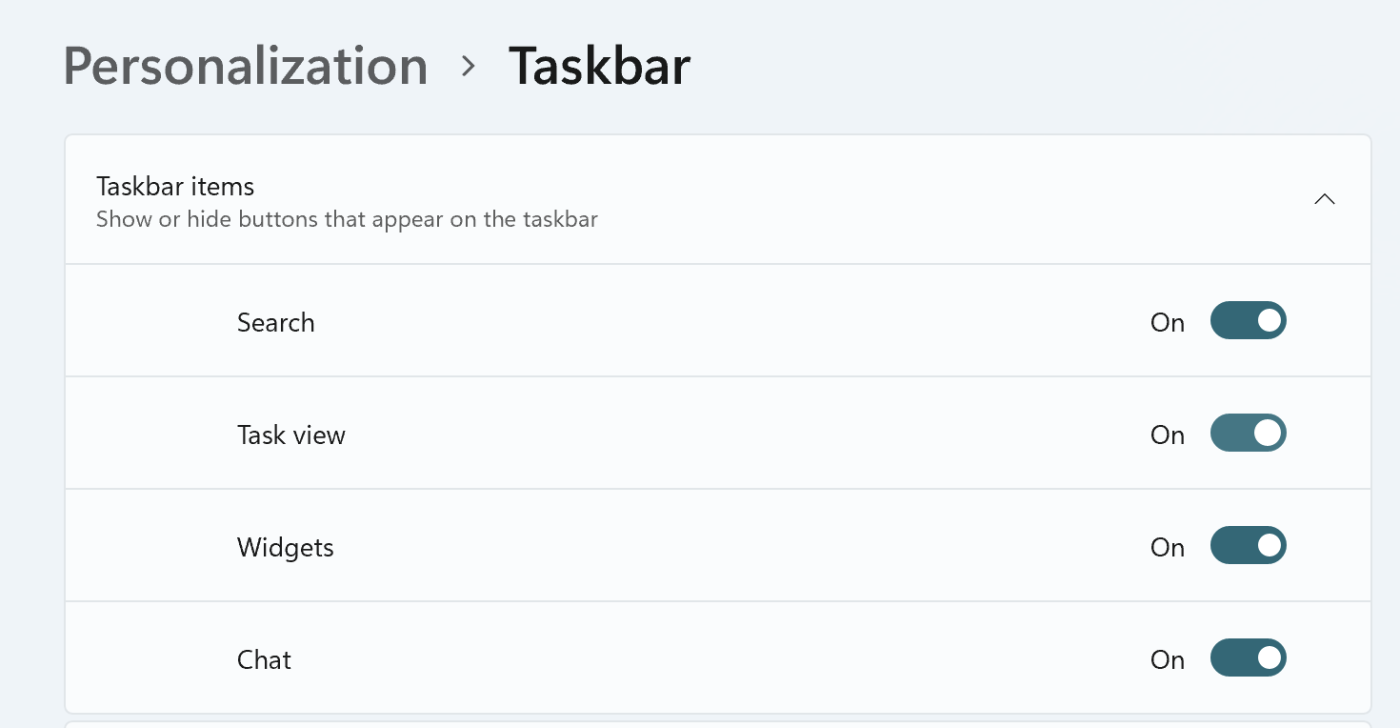 Windows 11 remove chat from taskbar under Personalization > Taskbar