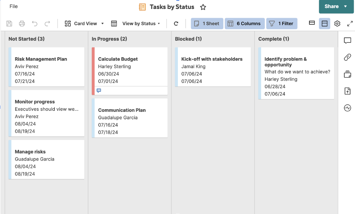 An image of a Kanban board view in Smartsheet.