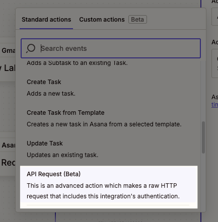 A dropdown with API Request (Beta) selected
