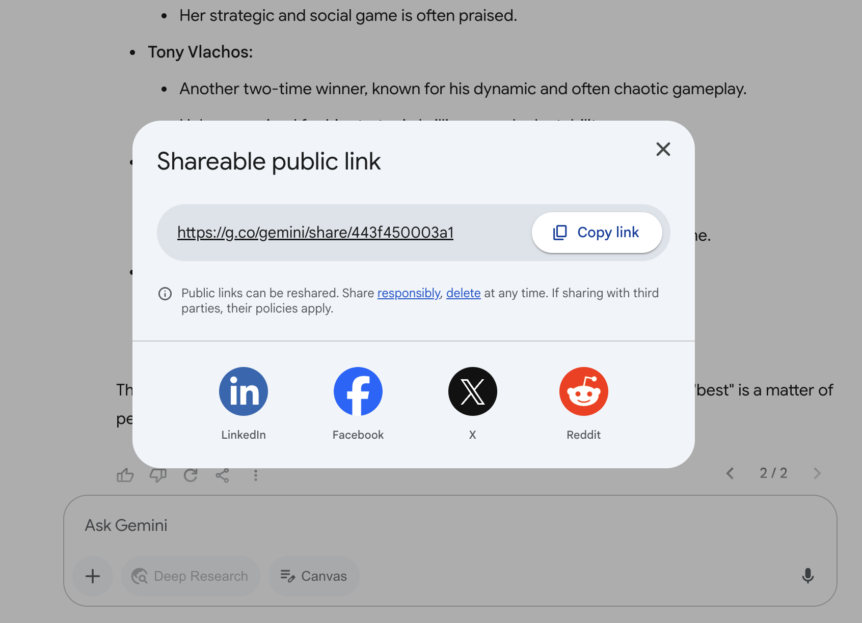 Popup in Gemini with options to create and copy a shareable public link to a Gemini chat.