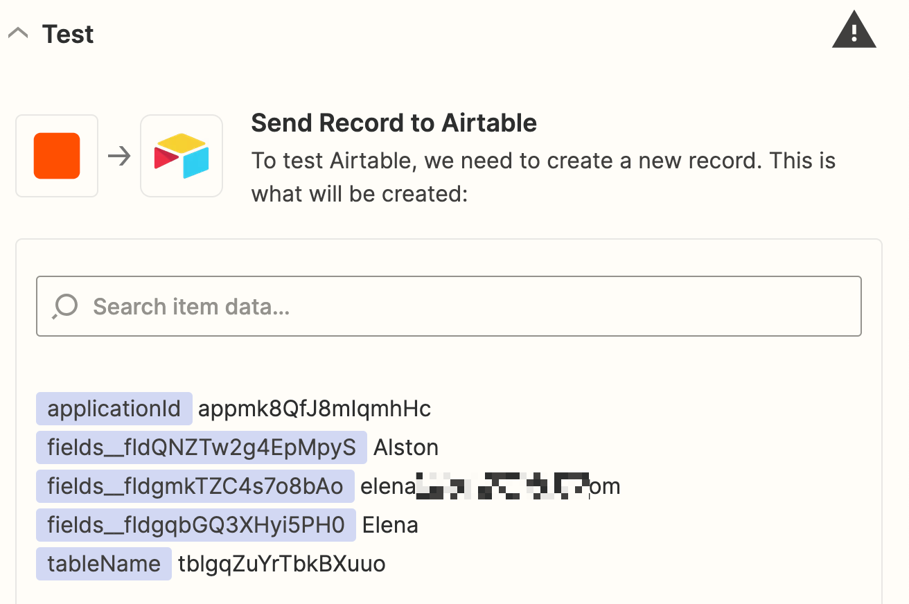 Screenshot of airtable test record