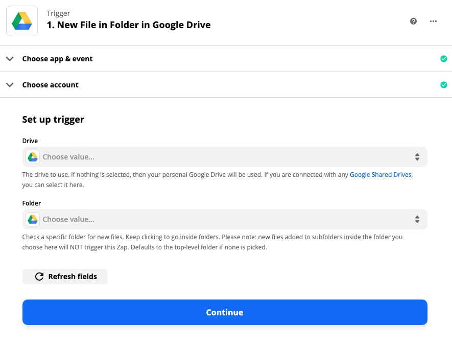 The trigger setup step in the Zap editor, customizing which Google Drive and folder will trigger the Zap.