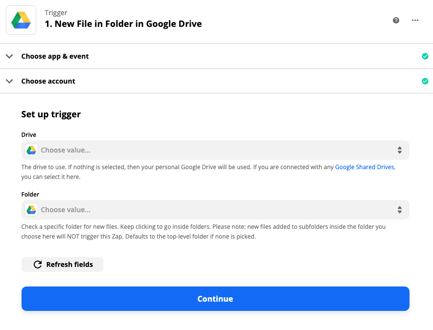 L'étape de configuration du déclencheur dans l'éditeur Zap, en personnalisant le Google Drive et le dossier qui déclencheront le Zap.