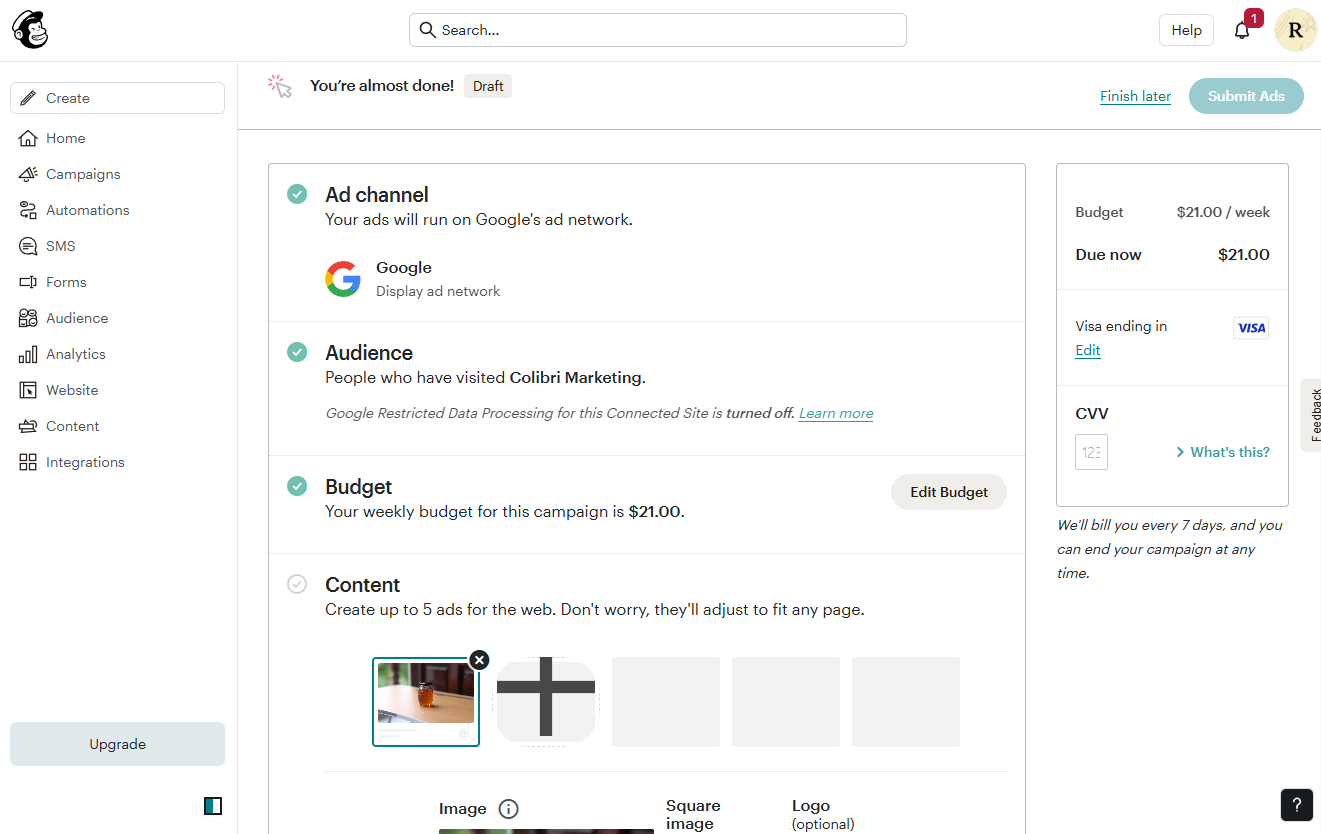 The option to create a landing page in Mailchimp