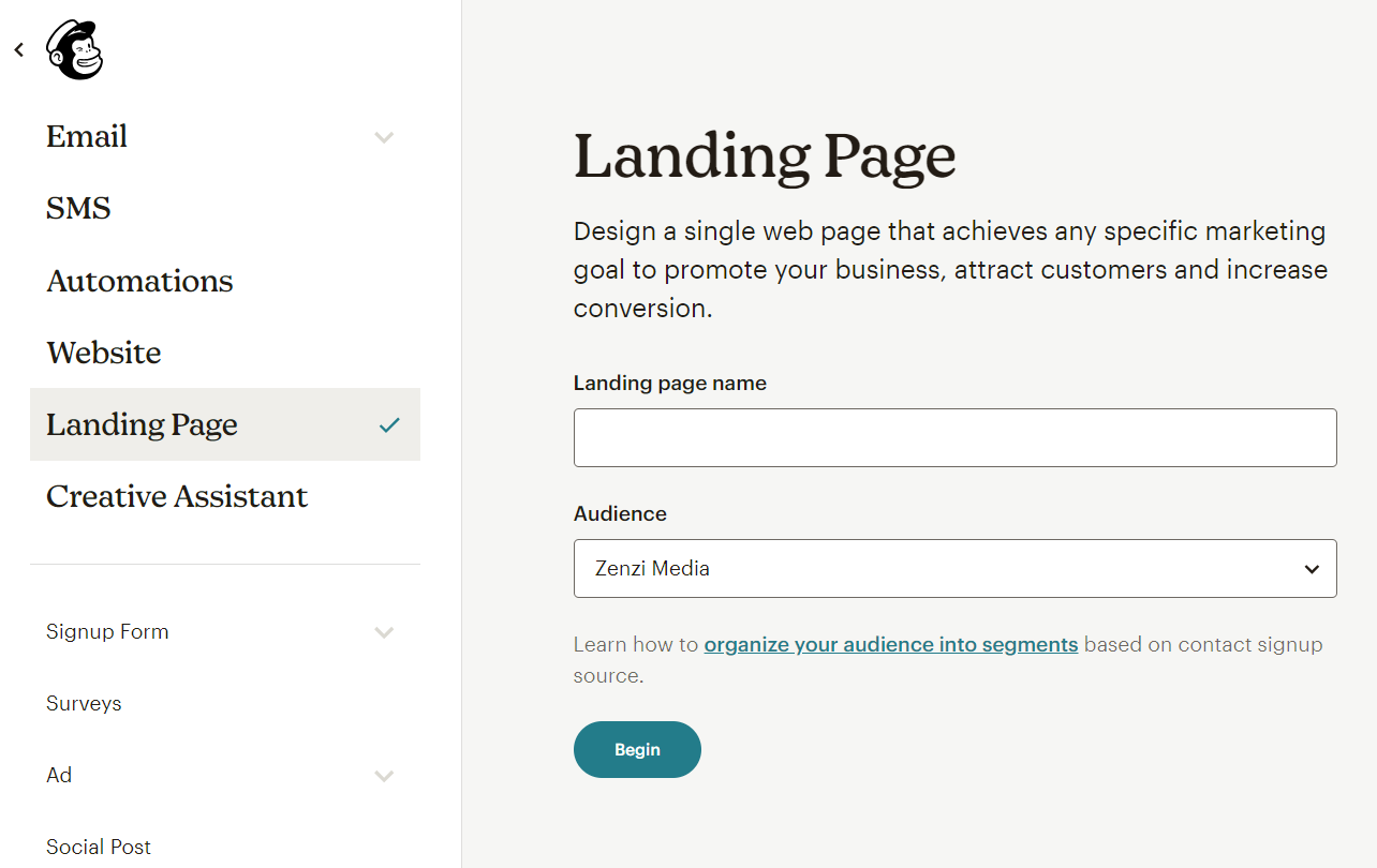 The option to create a landing page in Mailchimp