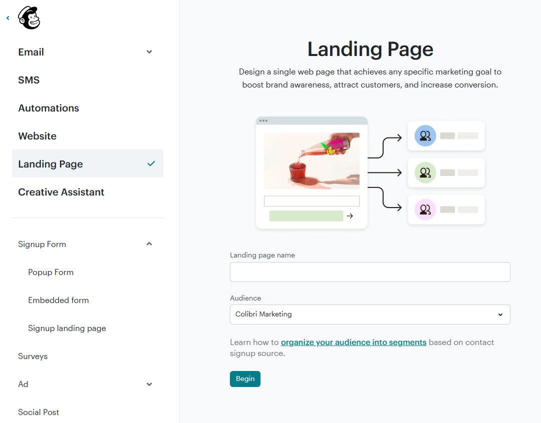 The option to create a landing page in Mailchimp
