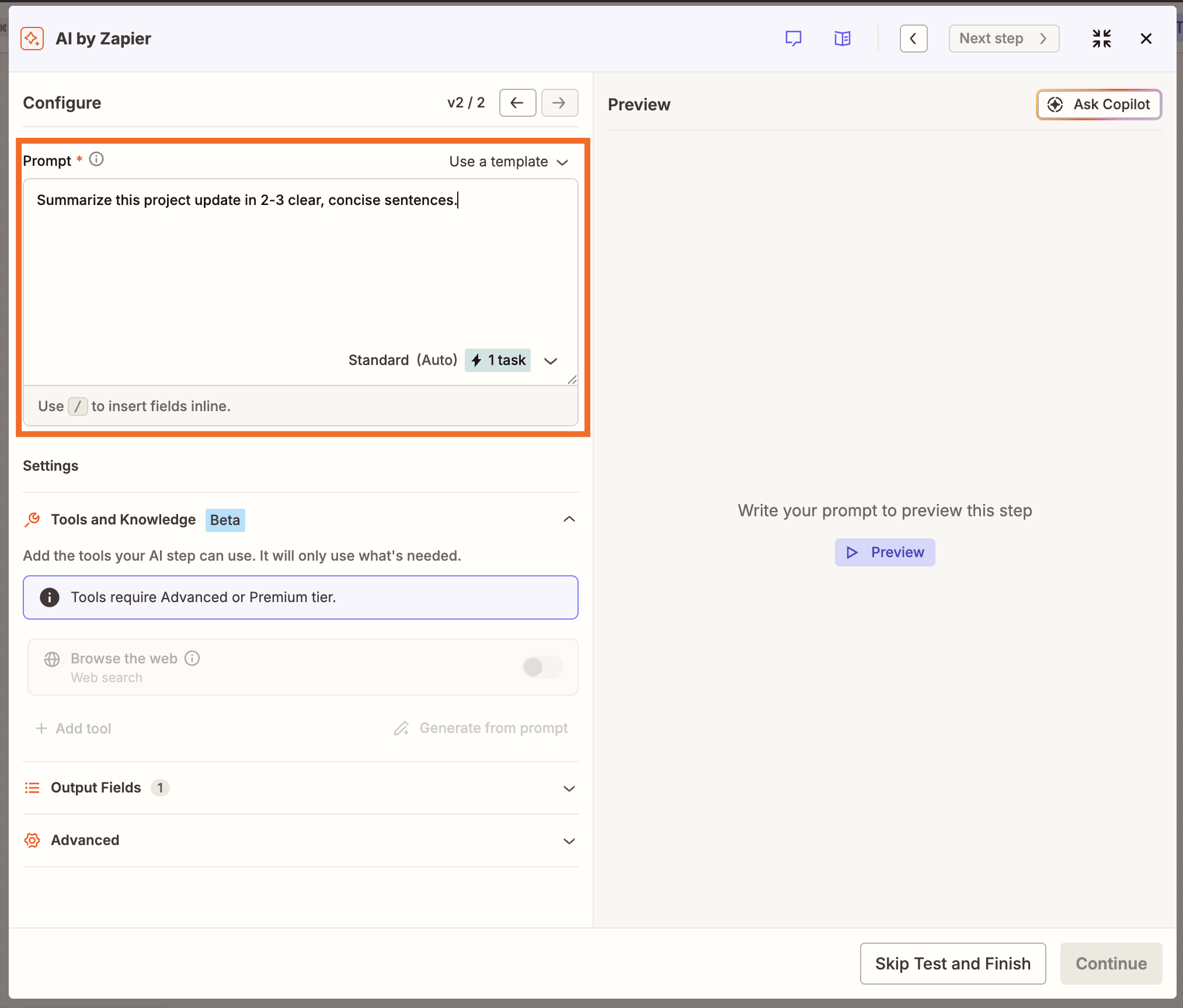 Zapier ধাপে AI কনফিগারেশন পৃষ্ঠা