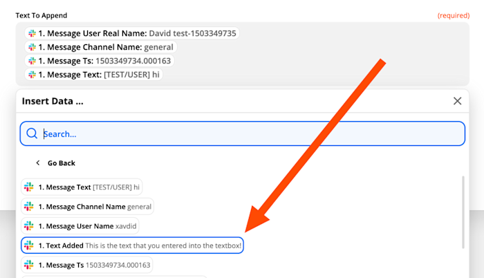 A screenshot of the action step set-up, showing an arrow pointing to the "text added" field pulled in from Slack.