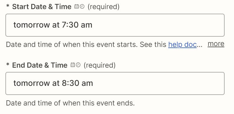 The start and end date and time fields in a calendar step in the Zap editor.