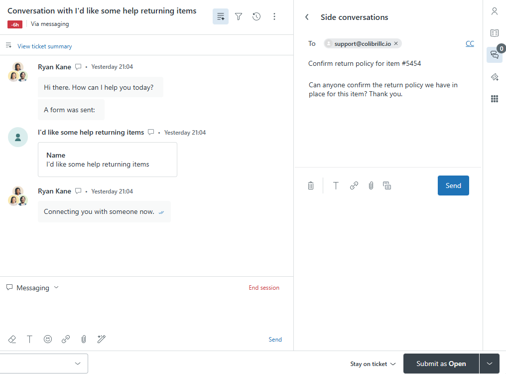 A side conversation in a ticket in Zendesk