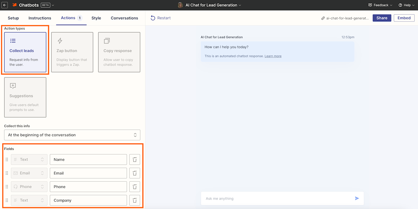 Screenshot of lead capture fields in Zapier Chatbots