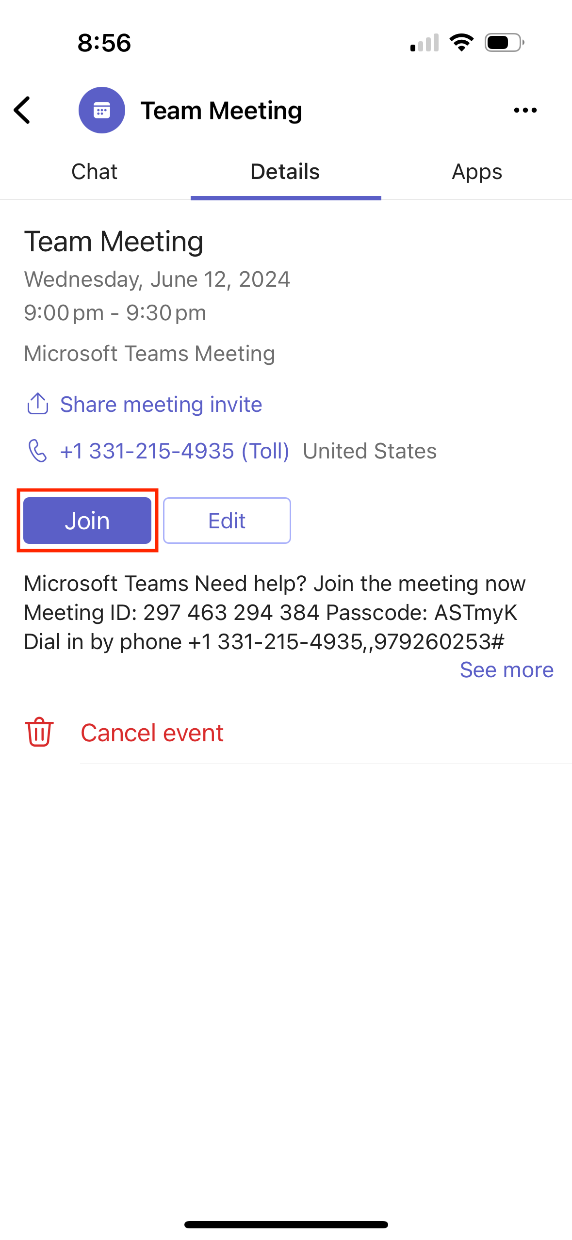 Image showing how to join a Teams meeting on a mobile device.