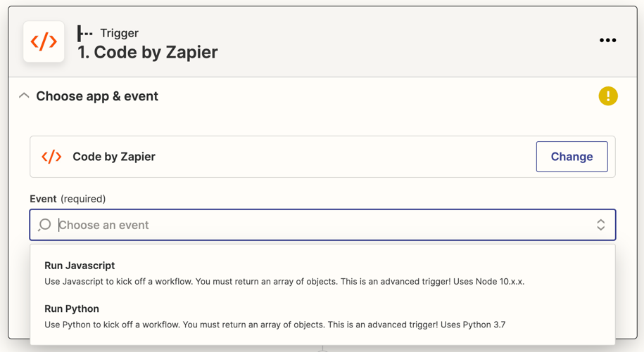 A field labeled Event with a dropdown menu that includes Run Javascript and Run Python. 