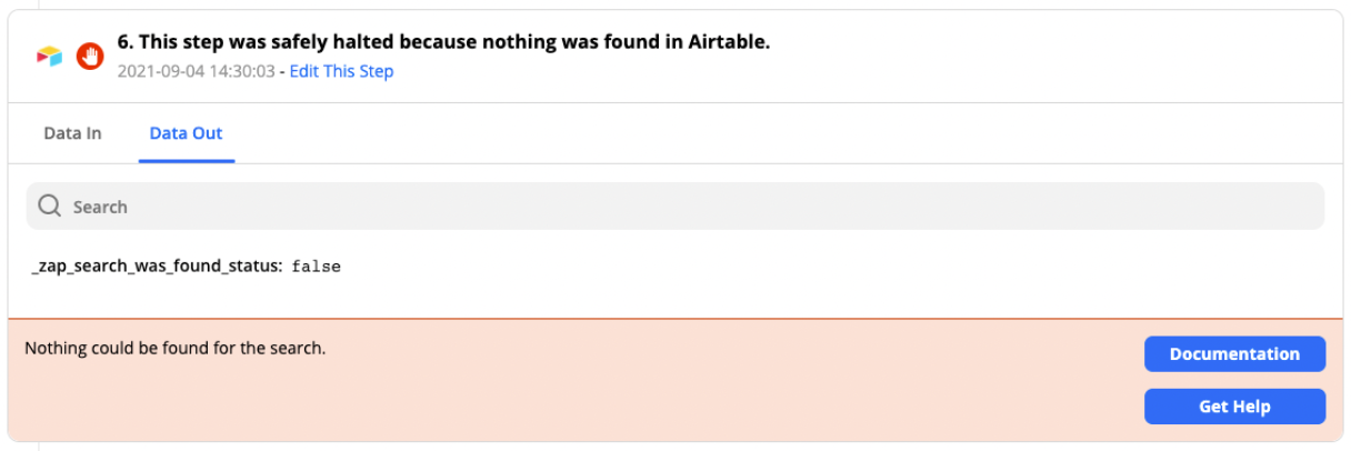 The Data Out tab is selected in Step 6 of this Zap run. An error message says, "Nothing could be found for the search." 