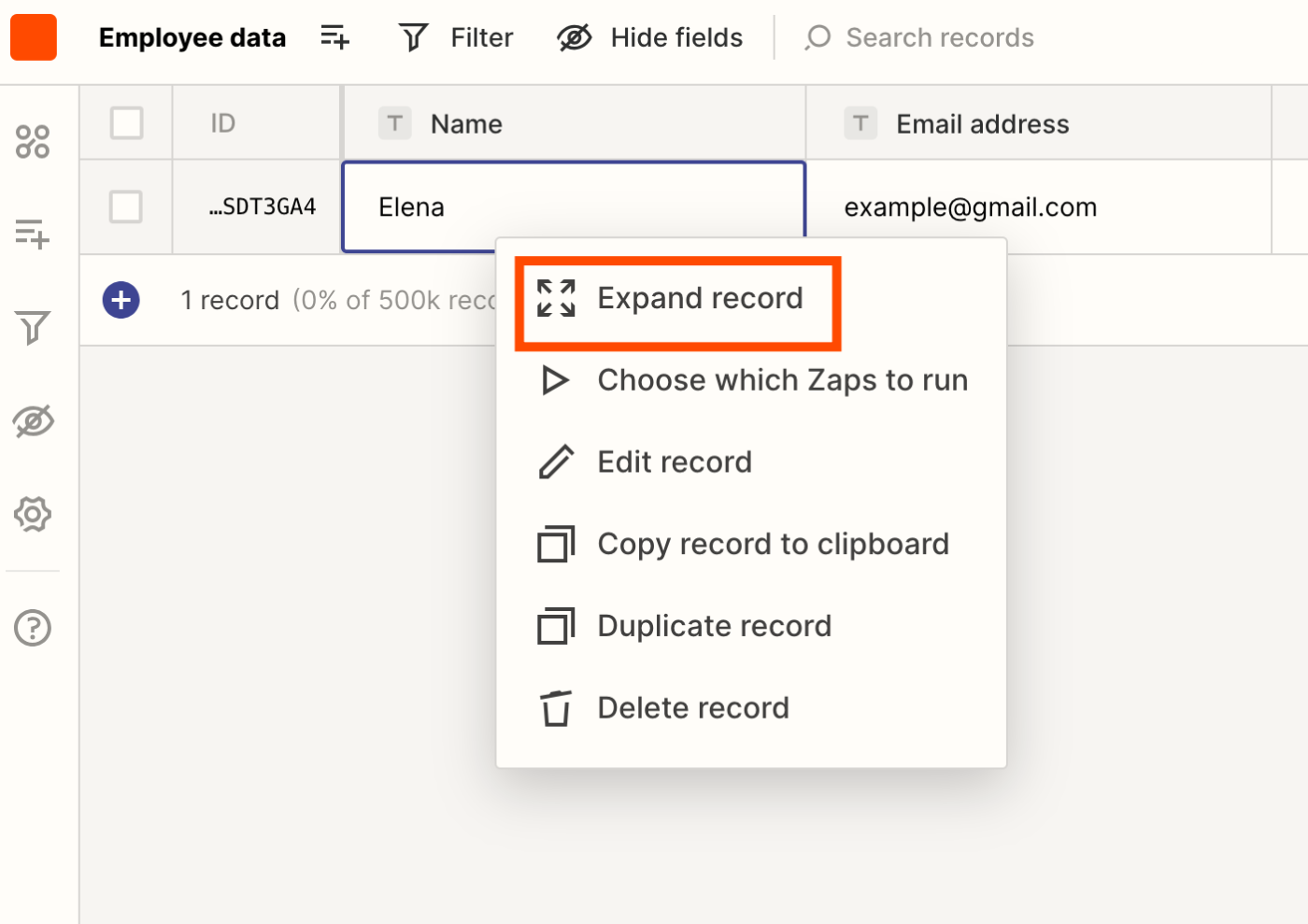 Screenshot of expand record option