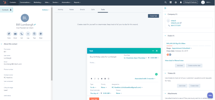 A view of the HubSpot CRM Contacts screen