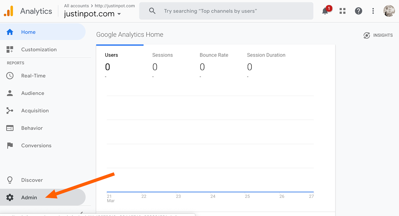 Admin button in Google Analytics 