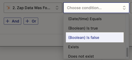 Select "(Boolean) Is false" from the condition dropdown menu.